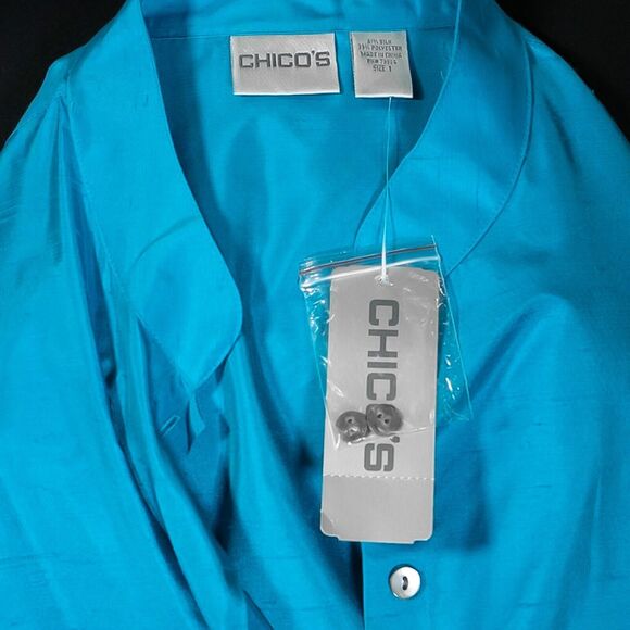 Chico's Women's Shirt Teal Blue Button Up Silk Stretch Mandarin Collar Top 1 M/8 - Picture 3 of 9